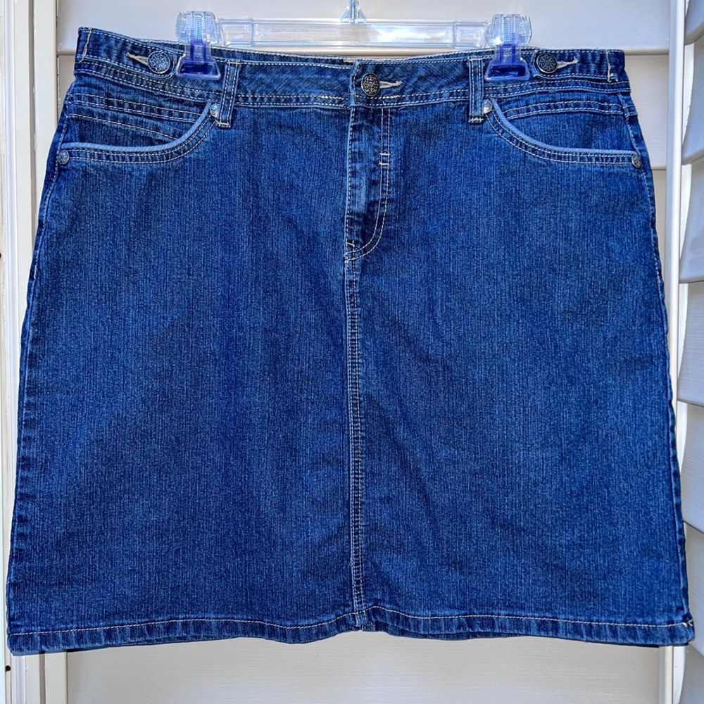 Baccini Womens Denim Mini Skirt Medium Wash Blue Size 16 Stretch Casual Mini